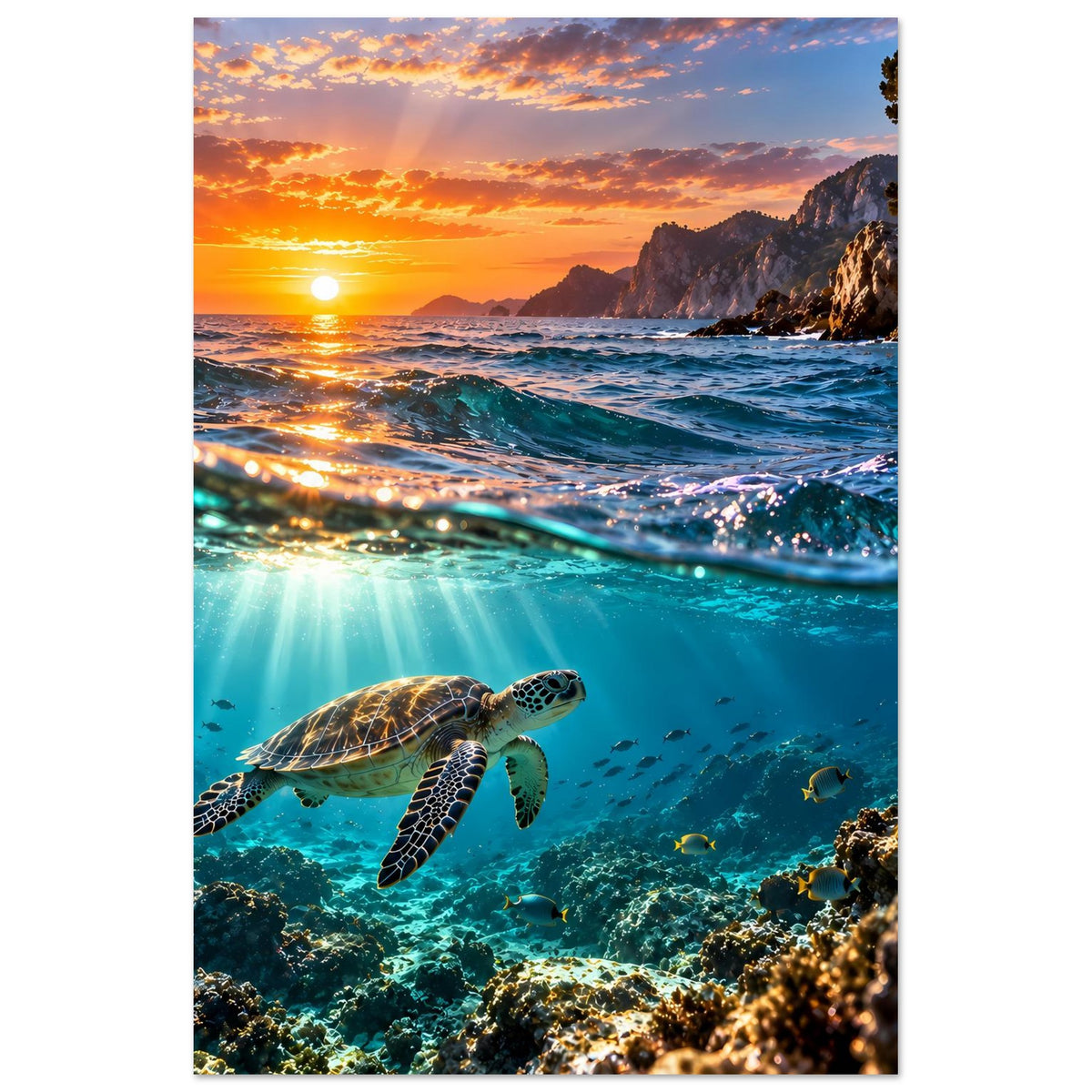 Vertikales Poster mit Meeresschildkröte unter der Oberfläche und orangefarbenem Himmel