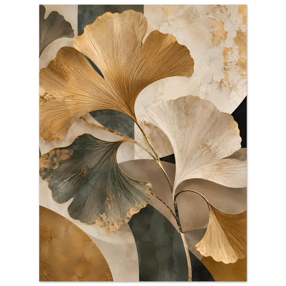 Botanisches Poster: Ginkgo-Blätter in Gold-, Creme- und Oliv-Grüntönen