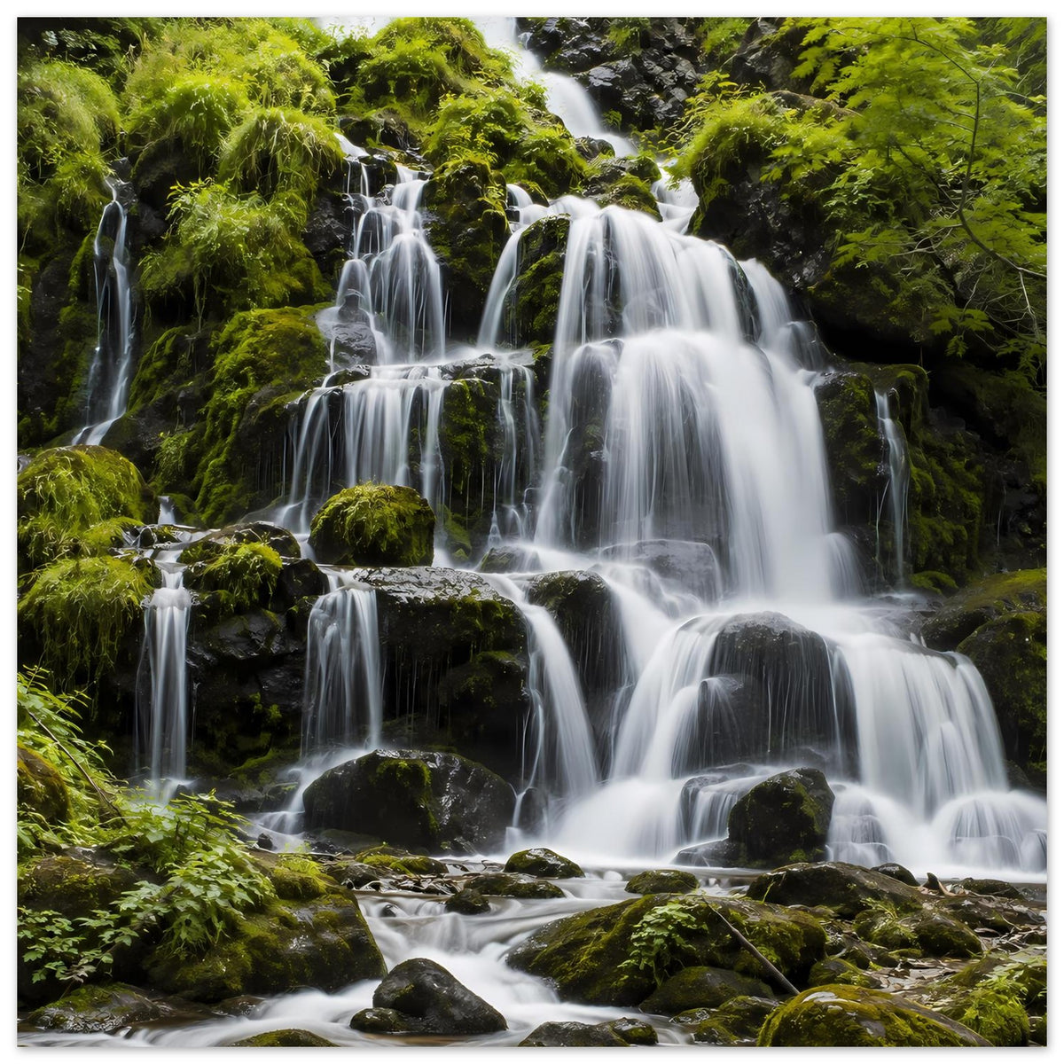 Wasserfall-Poster, horizontales Motiv mit mehreren Wasserfällen, umgeben von Moos und Steinen