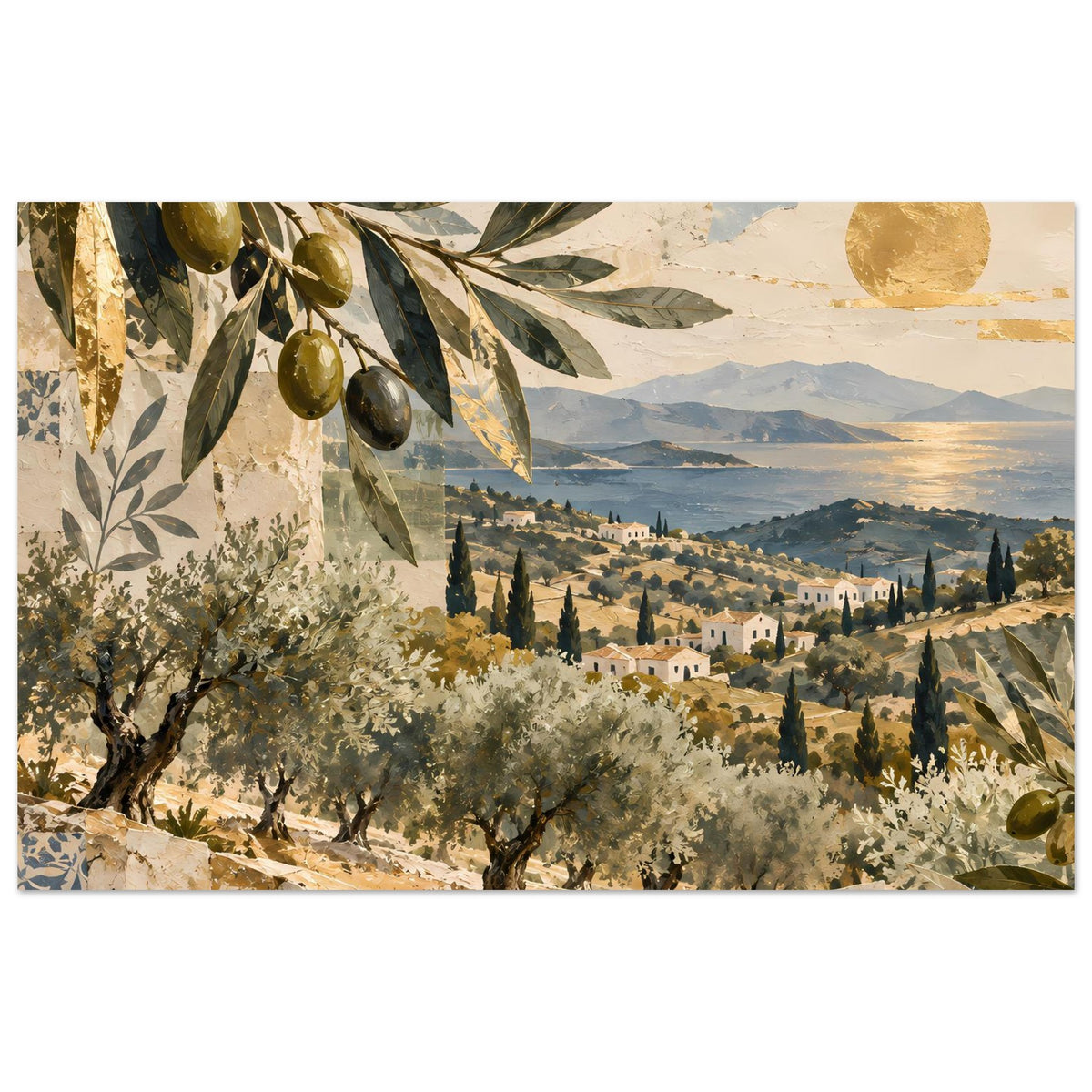 Mediterranes Olivenhain-Poster mit Olivenzweig, Landschaftshäusern und Bergen
