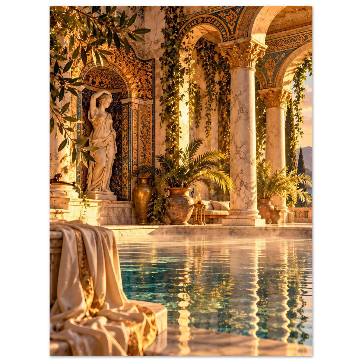 Mediterranes Poolposter mit Säulenhalle, Statue und schimmernder Wasserfläche