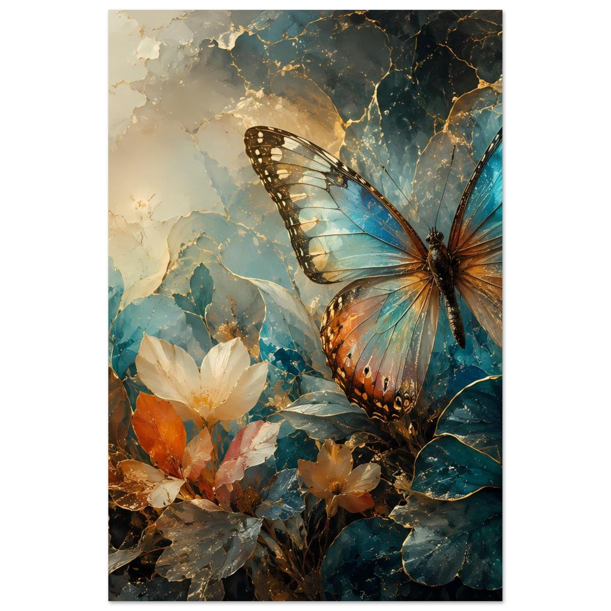 Vertikales Poster mit Schmetterling und Blumen, türkis-blaue Töne mit goldfarbenen Linien