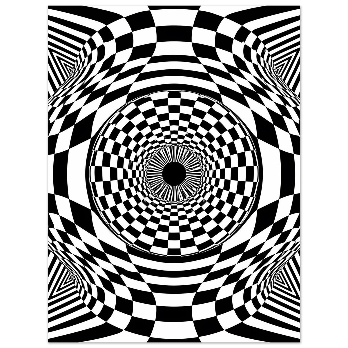 Quadratisches Poster in Schwarz-Weiß mit Schachbrettzentrum, Wellenringen und Illusion