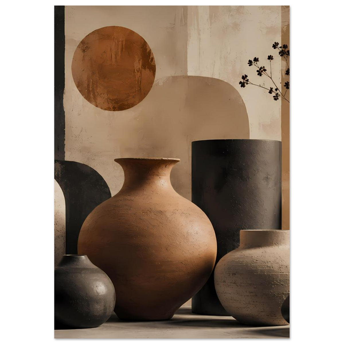 Poster mit Keramikvasen: bauchige Terrakotta-Vase, dunkle und beigefarbene Tongefäße