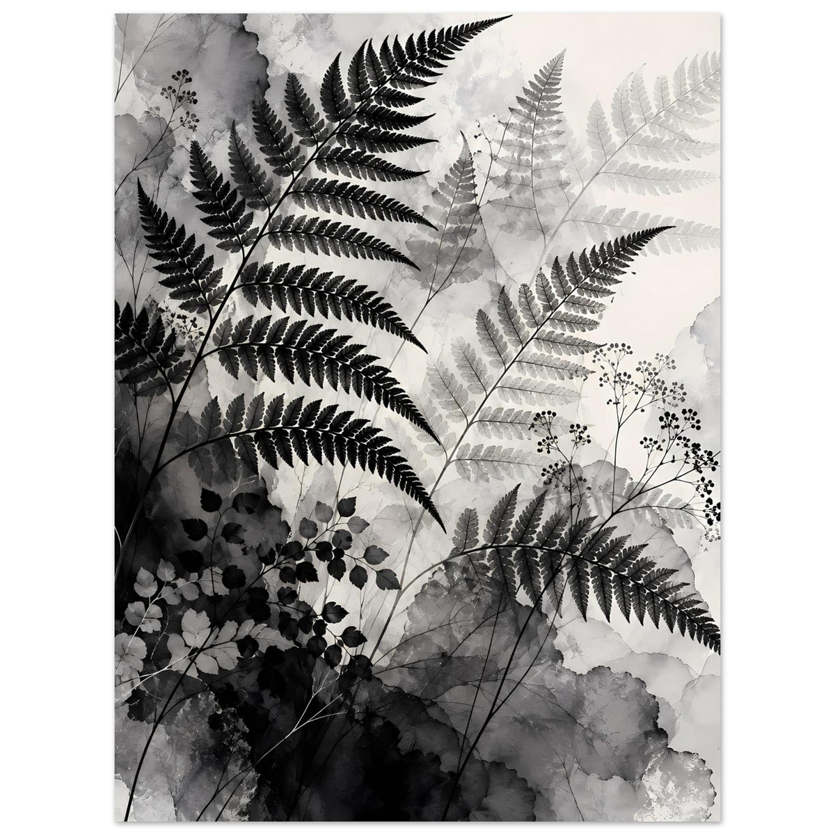 Botanisches Kunstposter mit Farnwedeln und Aquarellwolken, Schwarzweiß, vertikal