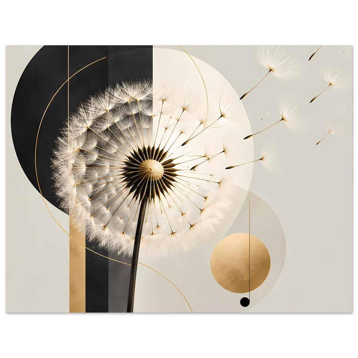 Wandposter im Querformat mit Dandelionblüte, goldenen Akzentlinien und schwarz-hellen Flächen