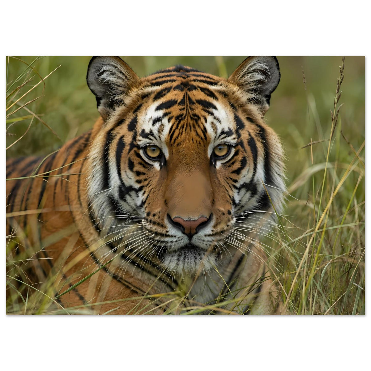 Wildtier-Poster mit Tiger im Gras, Kopf mittig, Augen scharf im Fokus