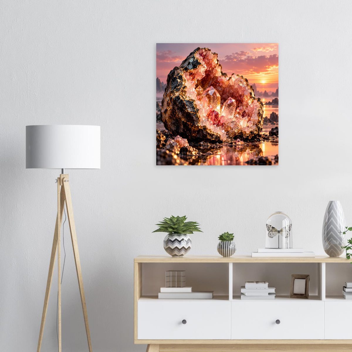 Quadratisches Kristallgeoden-Poster mit leuchtenden rosa und kupferfarbenen Kristallen