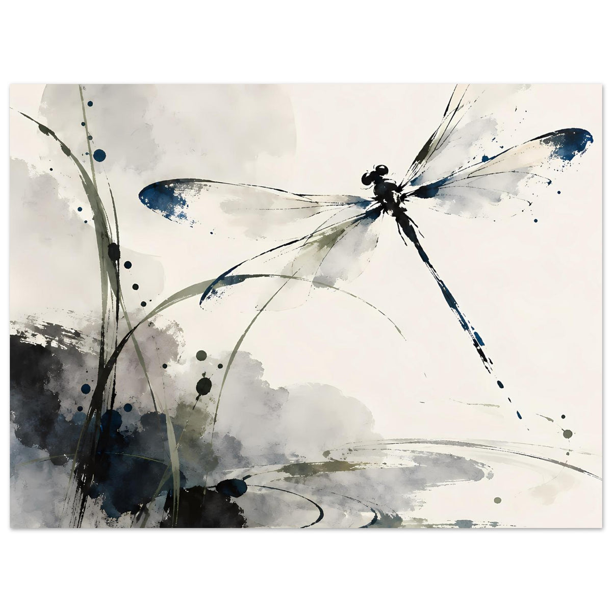 Horizontales Aquarell-Poster mit Libelle in Blau, graue Farbflächen und feine Striche