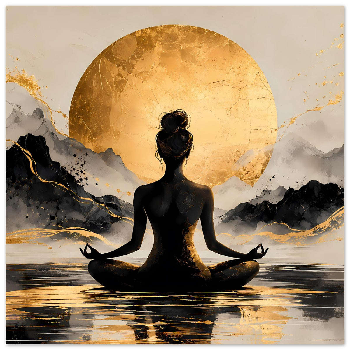 Meditations-Poster mit Lotussitz-Figur, goldene Sonne über Bergen und ruhigem Wasser