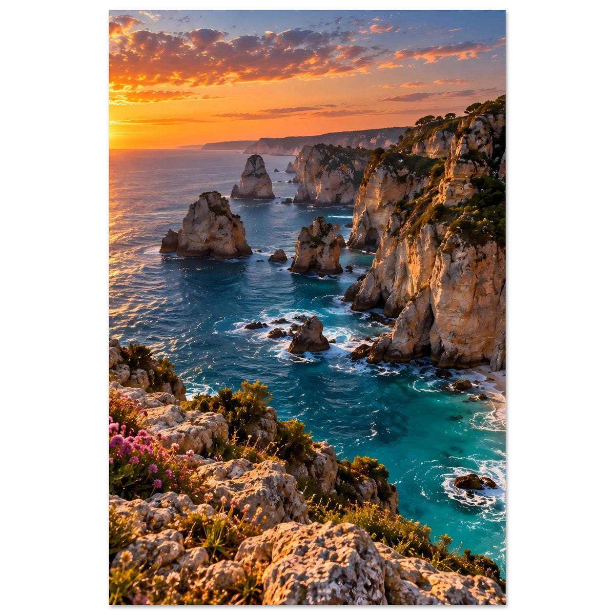 Küstenposter im Hochformat: Sonnenuntergang über Klippen, türkisfarbenes Meer und Wellen.