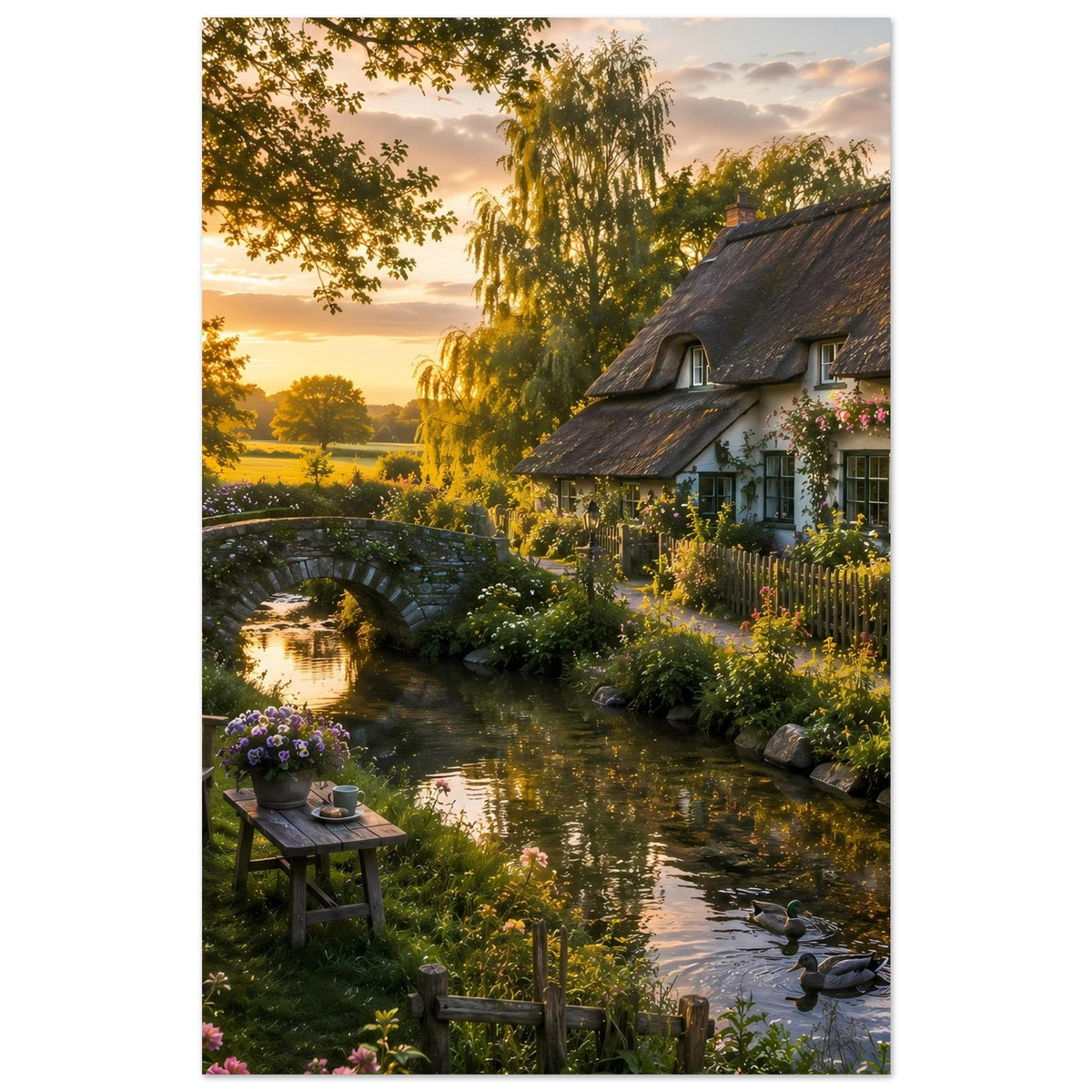 Poster mit Landhaus am Bach, Steinbrücke im Hintergrund und bepflanztem Ufer.