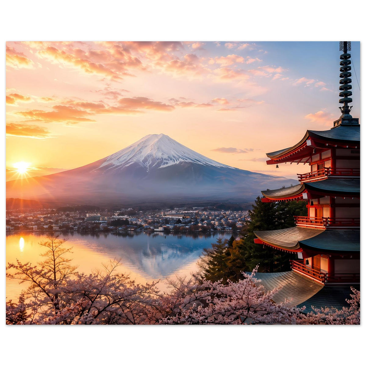 Japanisches Landschaftsposter im Querformat: Fuji bei goldenem Licht, Kirschblüten und Tempel