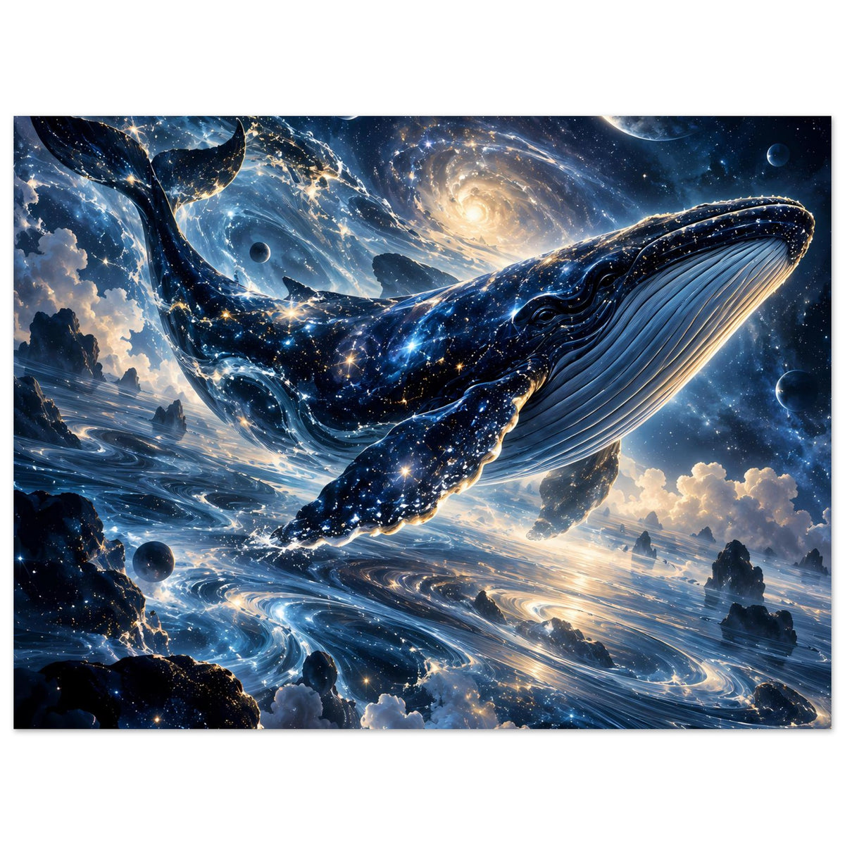 Fantasy-Poster mit galaktischem Wal, klare Sternenpunkte, blauer Raum, Mond und Planetenschein.