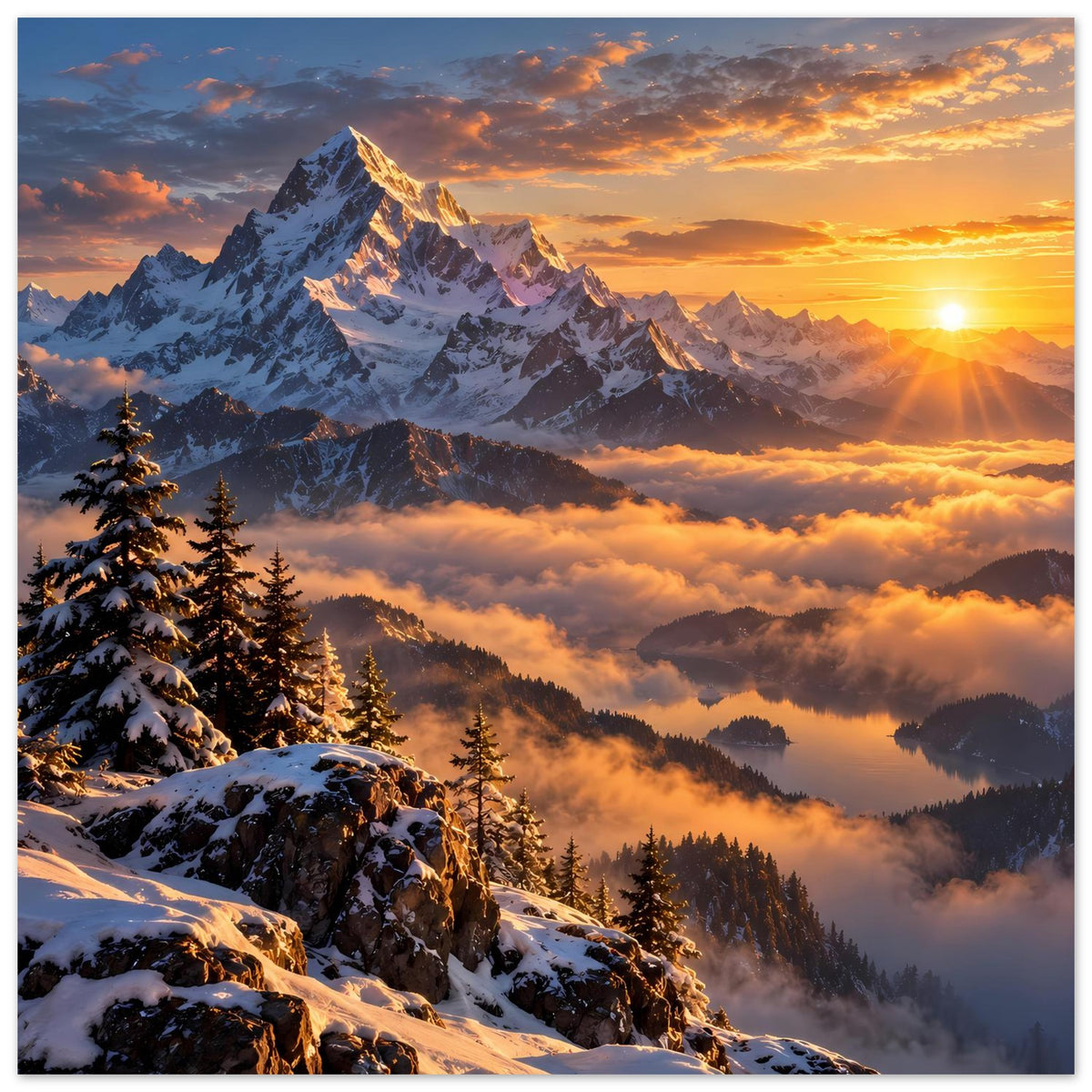 Schneebedecktes Bergpanorama-Poster mit Sonne tief am Horizont, Wolken und Nadelbäume