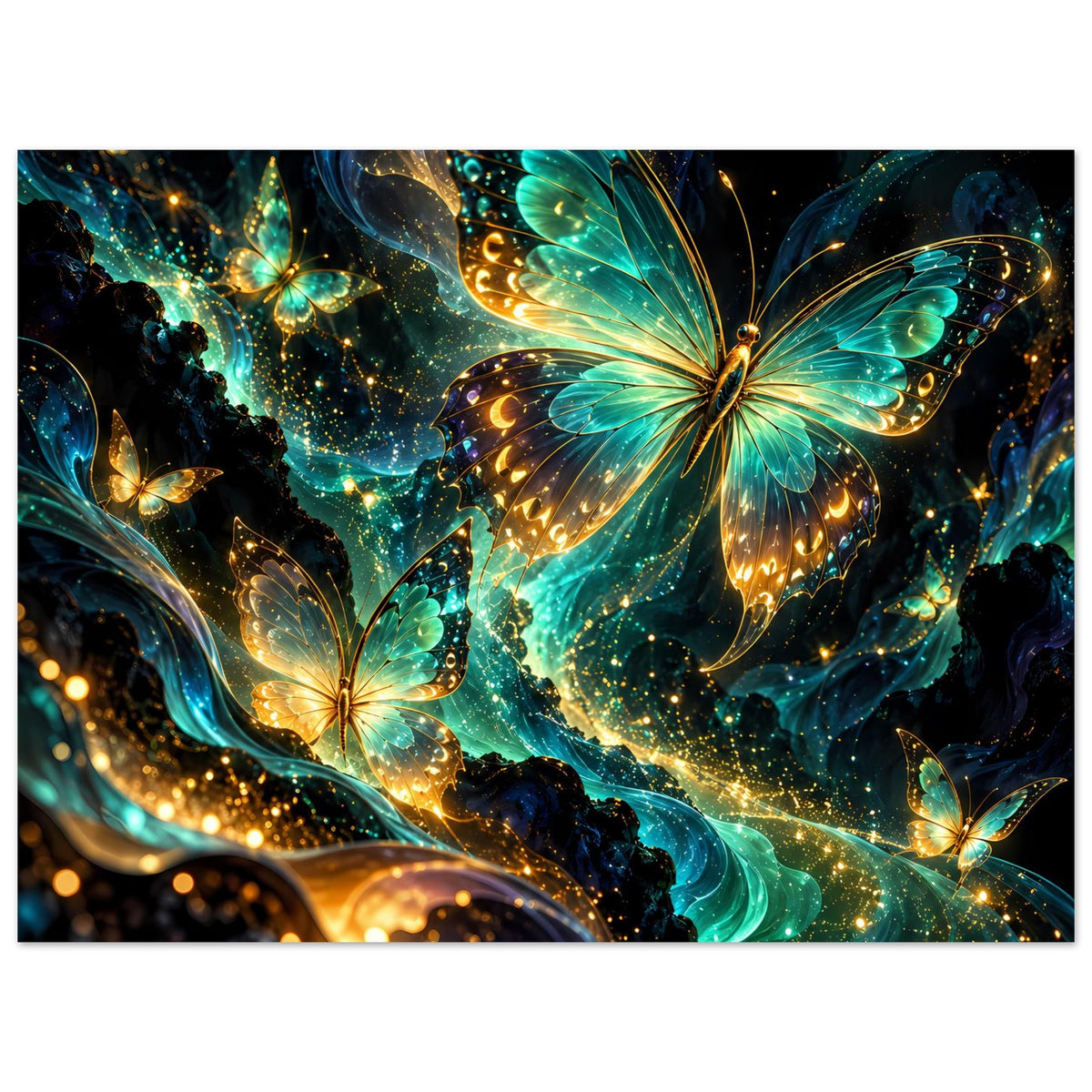 Schmetterlings-Poster in Queransicht: mehrere Flügelmotive, leuchtendes Blau-Türkis und goldenes Licht.