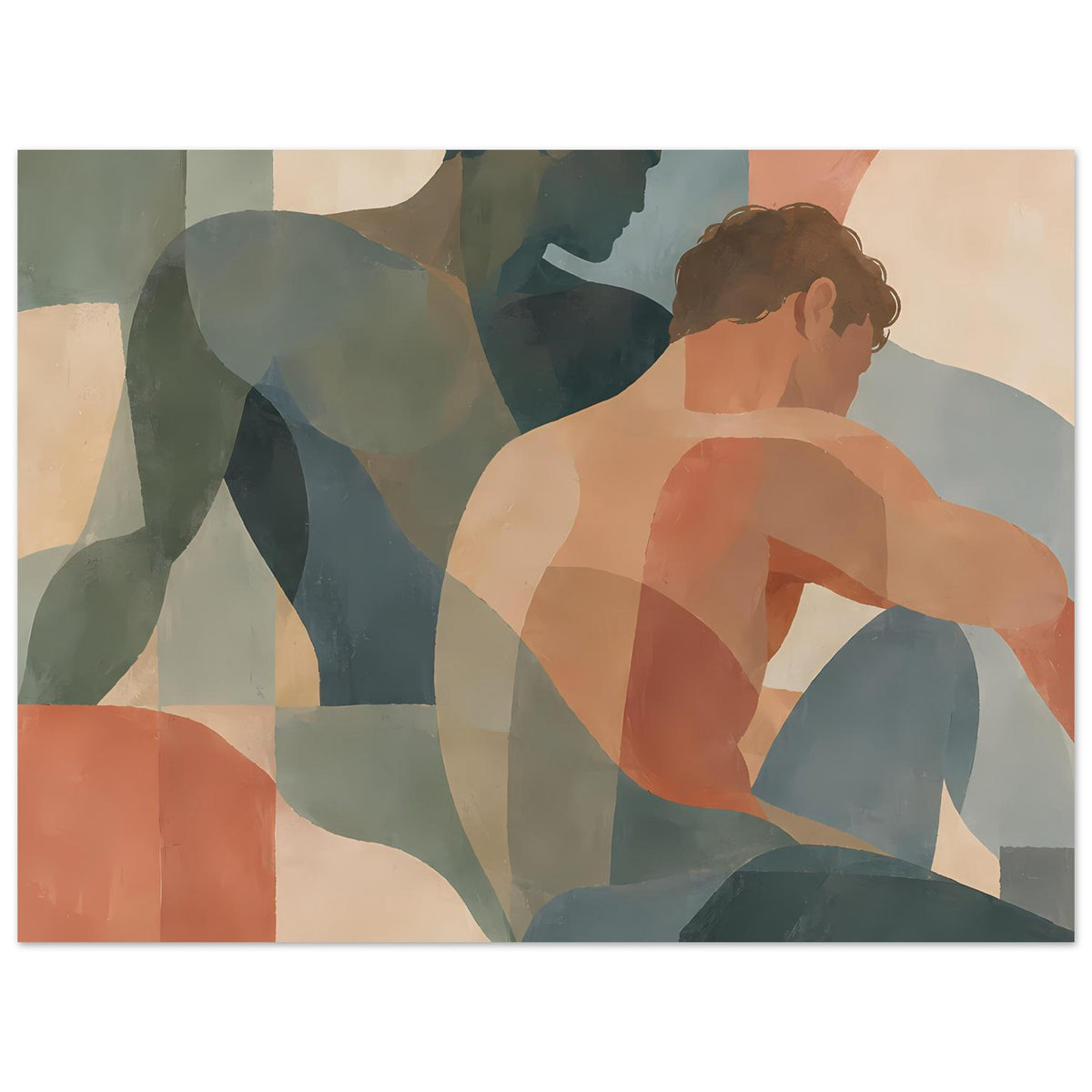 Abstrakter Kunstdruck mit zwei sitzenden Figuren, Nahansicht auf Gesichter und Torso, warm