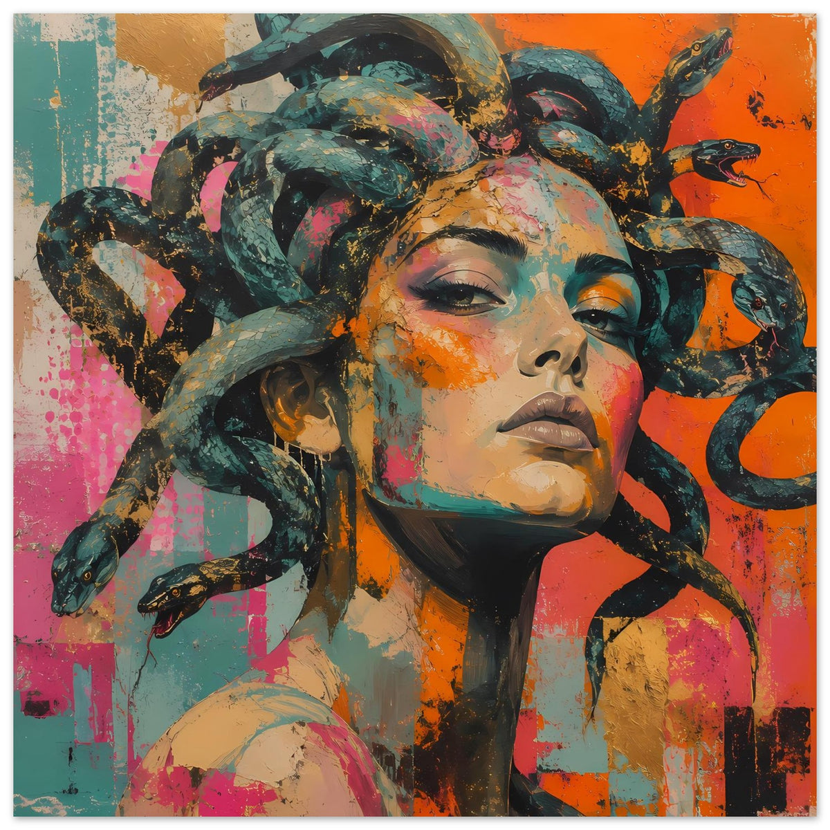 Querformat-Poster mit Medusa-Porträt und Schlangenhaar, Detailansicht von Gesicht und Haar