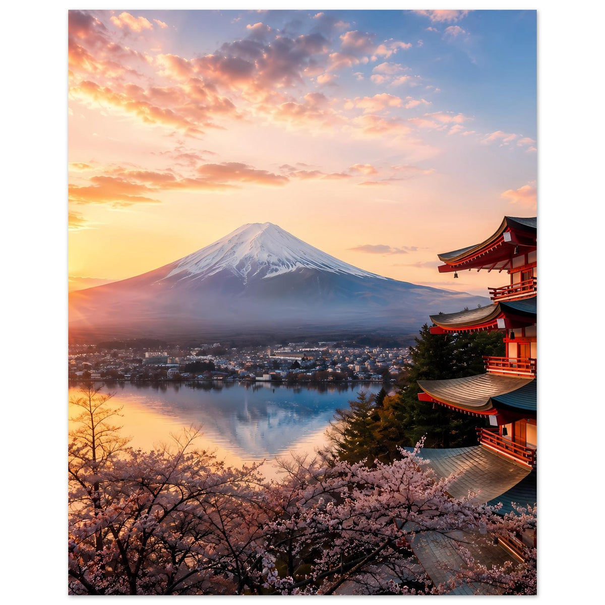 Japanisches Landschaftsposter mit Fuji, Kirschblütenblüten und japanischem Tempel rechts