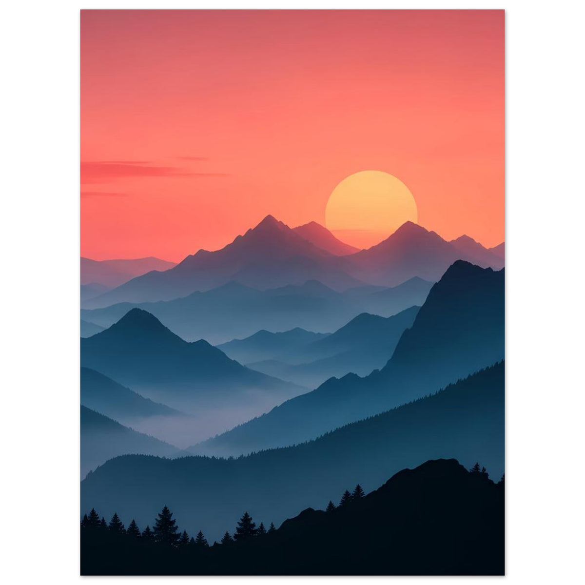 Hochformat-Landschaftsposter: pastellfarbener Sonnenuntergang, große Sonne, blaue Berge