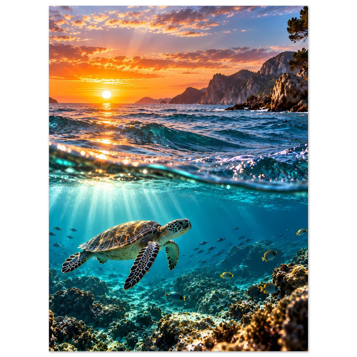 Schildkröte im Meer beim Sonnenuntergang, Meerestier-Wandposter im Hochformat
