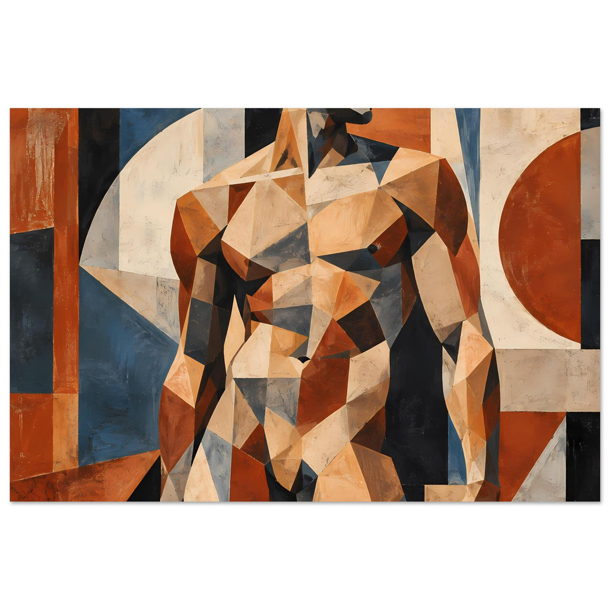Kunstdruck: geometrische Aktfigur, beige, orange-braun, schwarz und blaugraue Flächen