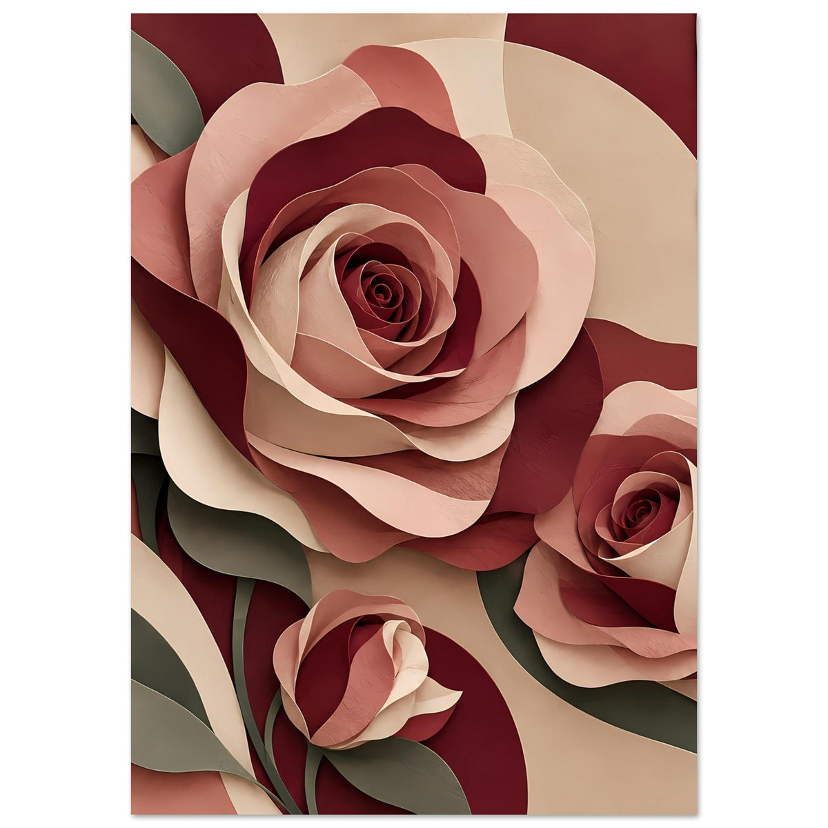 Florales Kunstposter mit Rosen in Burgunder, Rosé und Creme, vertikal