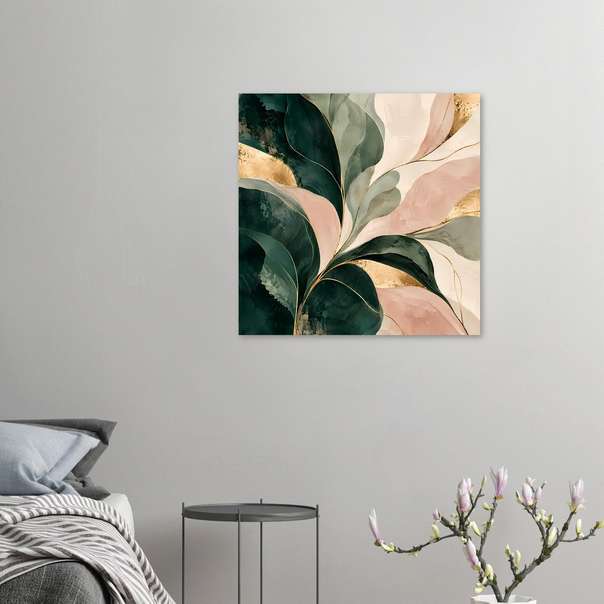 Kunstposter mit abstrakter Blattkomposition in Smaragdgrün, Rosé und Gold