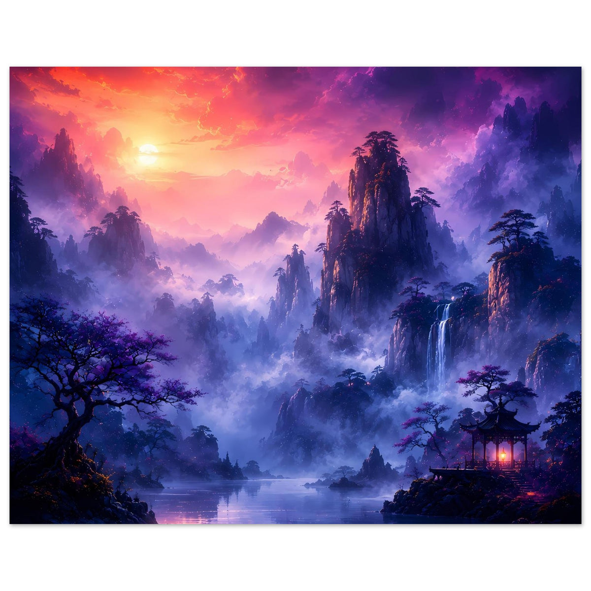 Fantasy-Poster im Querformat: neblige Landschaft mit See, Wasserfall, hohen Türmen und Bäumen