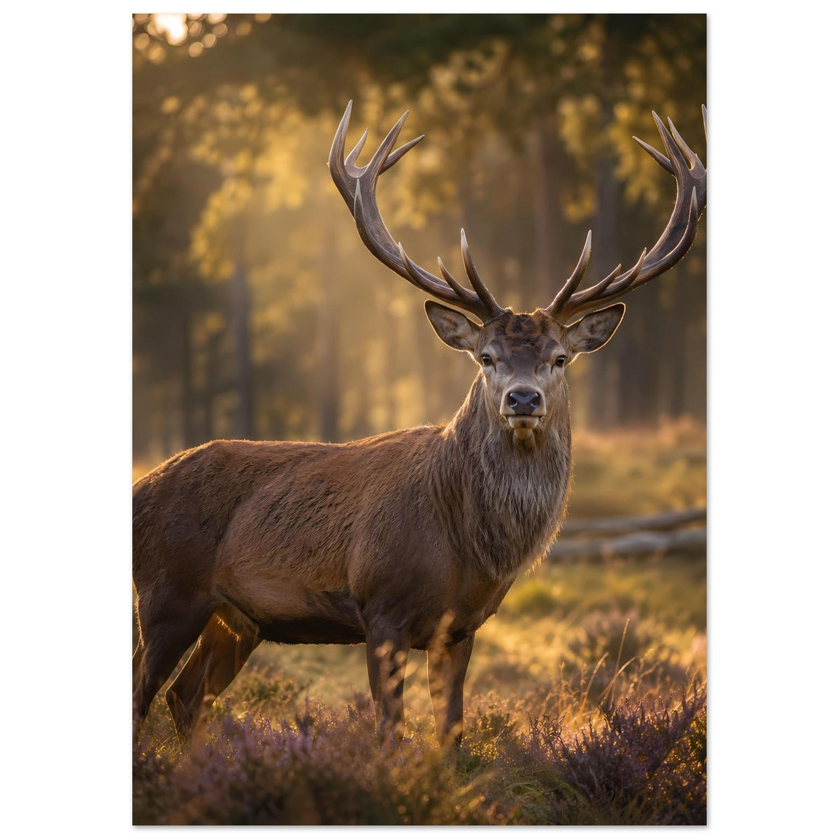 Hochformat-Poster mit Hirsch im Wald, brauner Körper, großes Geweih, Blick nach vorn