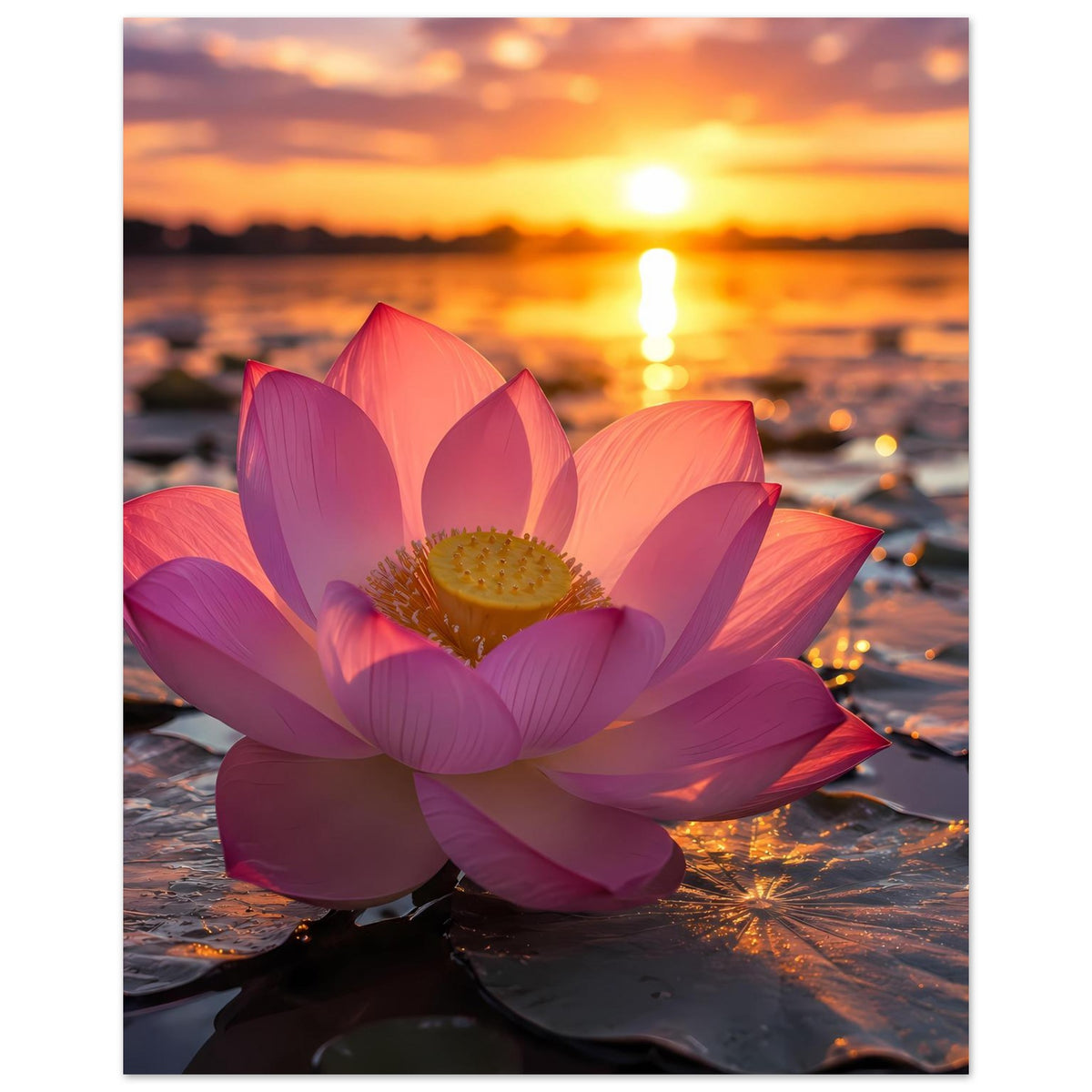 Poster mit Lotusblüte im Vordergrund, Farben in Pink und Lila