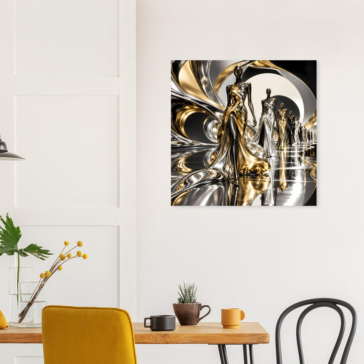 Quadratisches Poster mit gold-silbernem abstraktem Motiv, Metallfigur im runden Rahmen