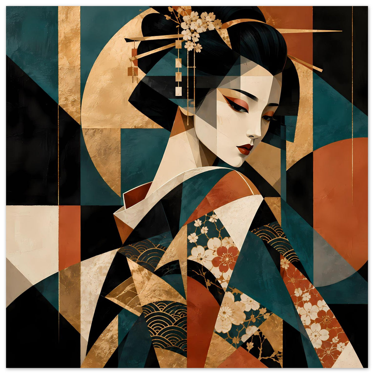Kunstposter mit Geisha im Kimono mit floralen Mustern, schwarzem Haar und goldenen Akzenten