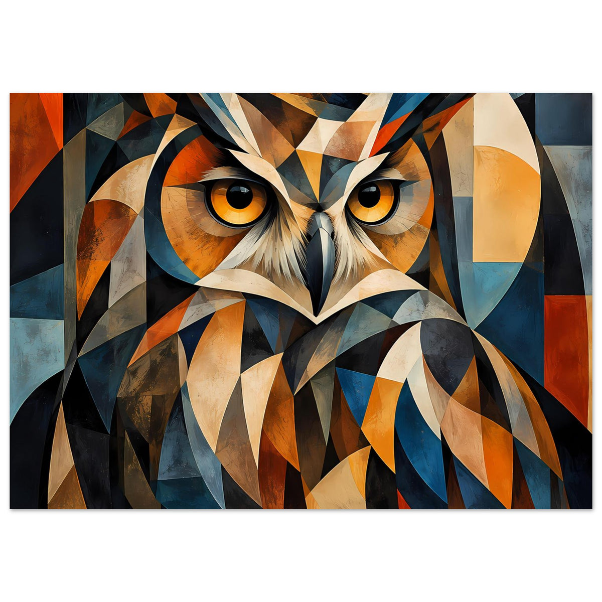 Tierposter mit geometrischer Eule: frontal gezeigter Kopf mit gelben Augen, blau-orange Farbflächen.