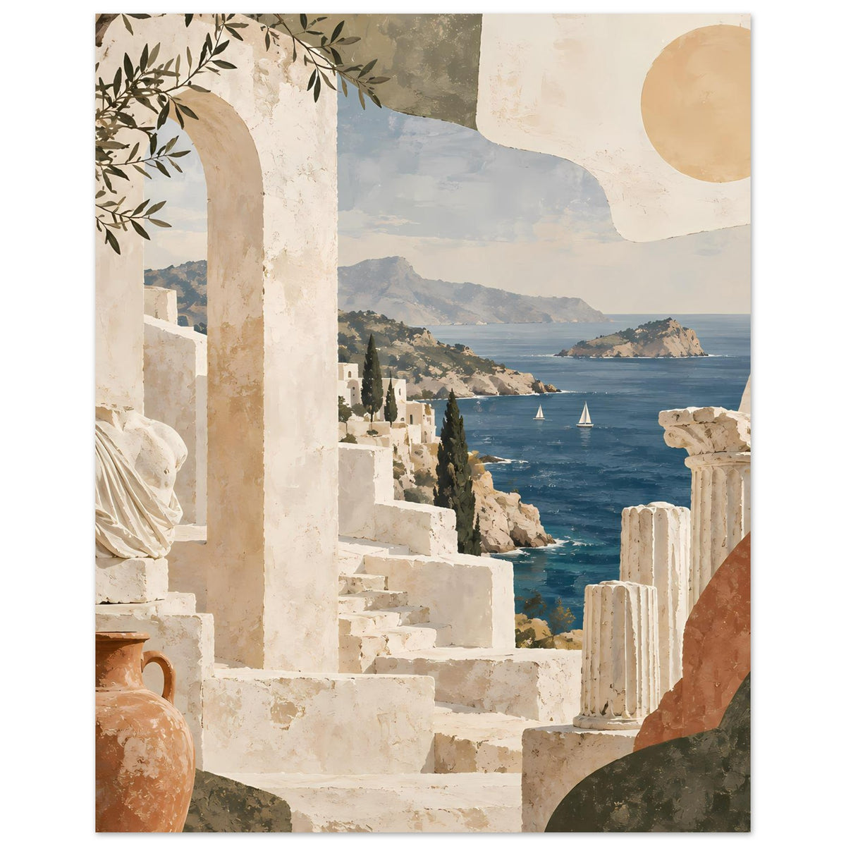 Urlaubs-Poster mit Küstenarchitektur: Treppen, Säulen und Bucht mit Segelbooten