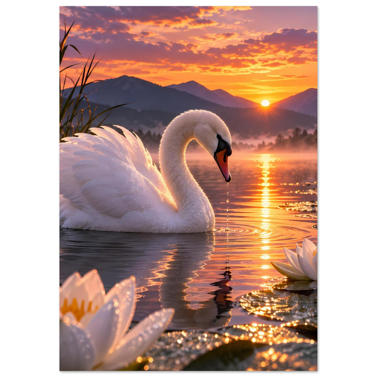 Poster mit weißem Schwan im Vordergrund, Seerosen am Ufer, warmes Sonnenuntergangslicht