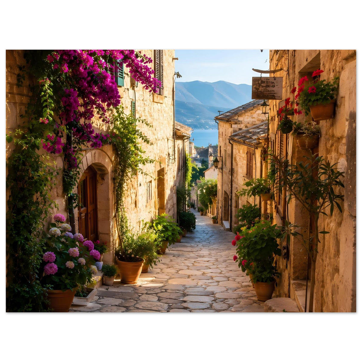 Poster im Querformat: mediterrane Steingasse mit lila Bougainvillea, Tontöpfen und Laterne