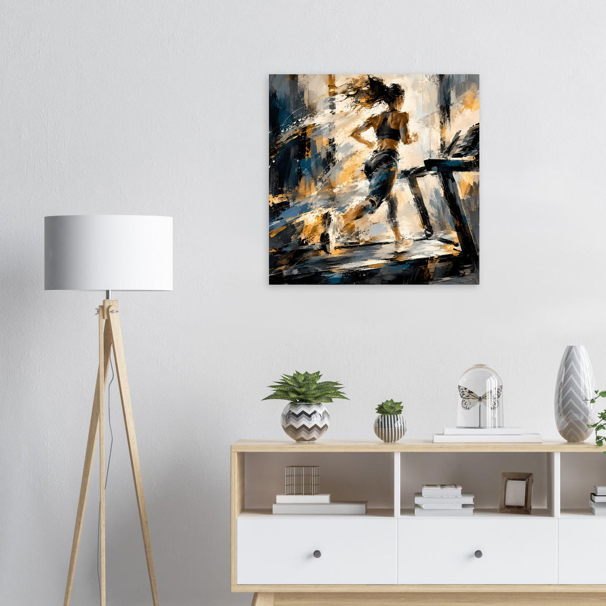 Quadratisches Kunstposter mit abstrakter Läuferfigur in Blau, Gold und Schwarz