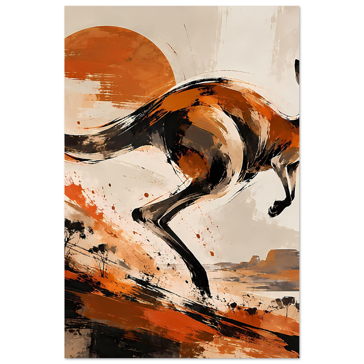 Vertikales Känguru-Tierposter mit schwarzer-brauner Silhouette und orangefarbenen Akzenten