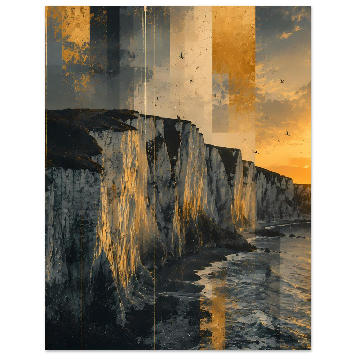 Vertikales Poster: dunkle Klippen an der Küste, goldorange Himmel, Meeresschaum
