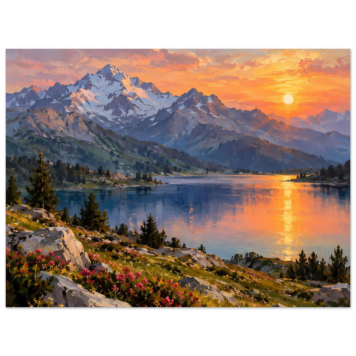 Poster: Blick über Bergsee mit orangefarbener Sonne, schneebedeckten Bergen und Uferwald