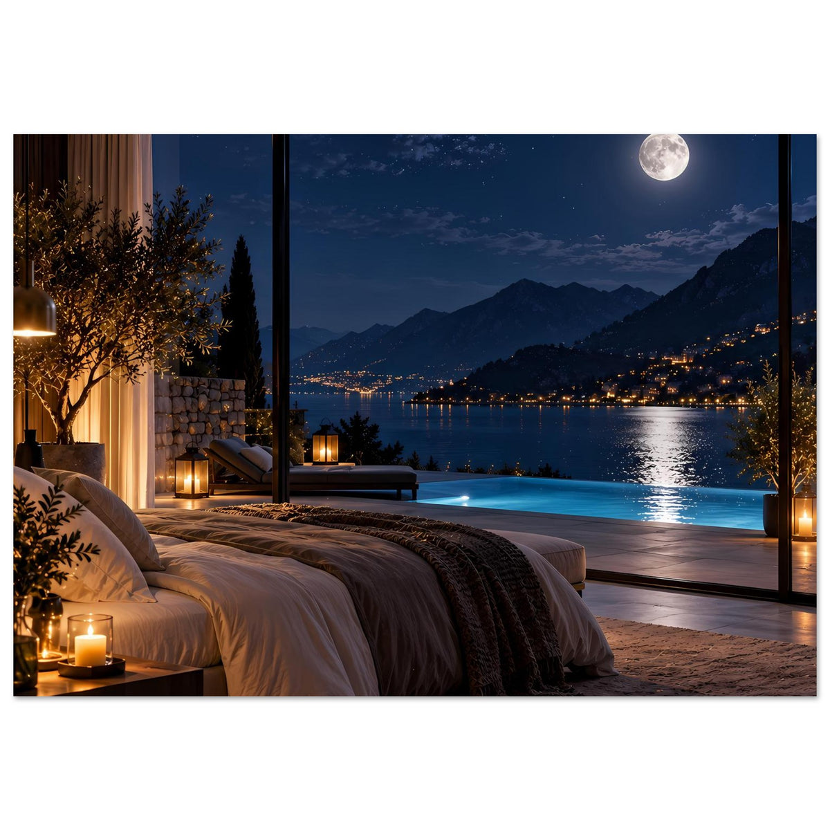 Weit dargestelltes Poster: Bett und Fensterfront, Mond, Berge und reflektierendes Wasser