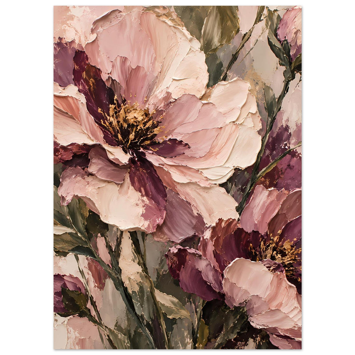 Florales Poster mit großen rosa Blüten, mauve Details und grünen Blättern, Hochformat.