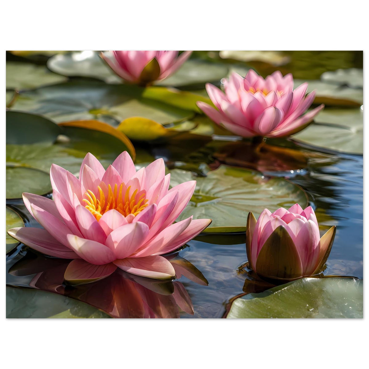 Poster mit rosa Seerosen auf Wasser, große Blüte links und Knospe rechts
