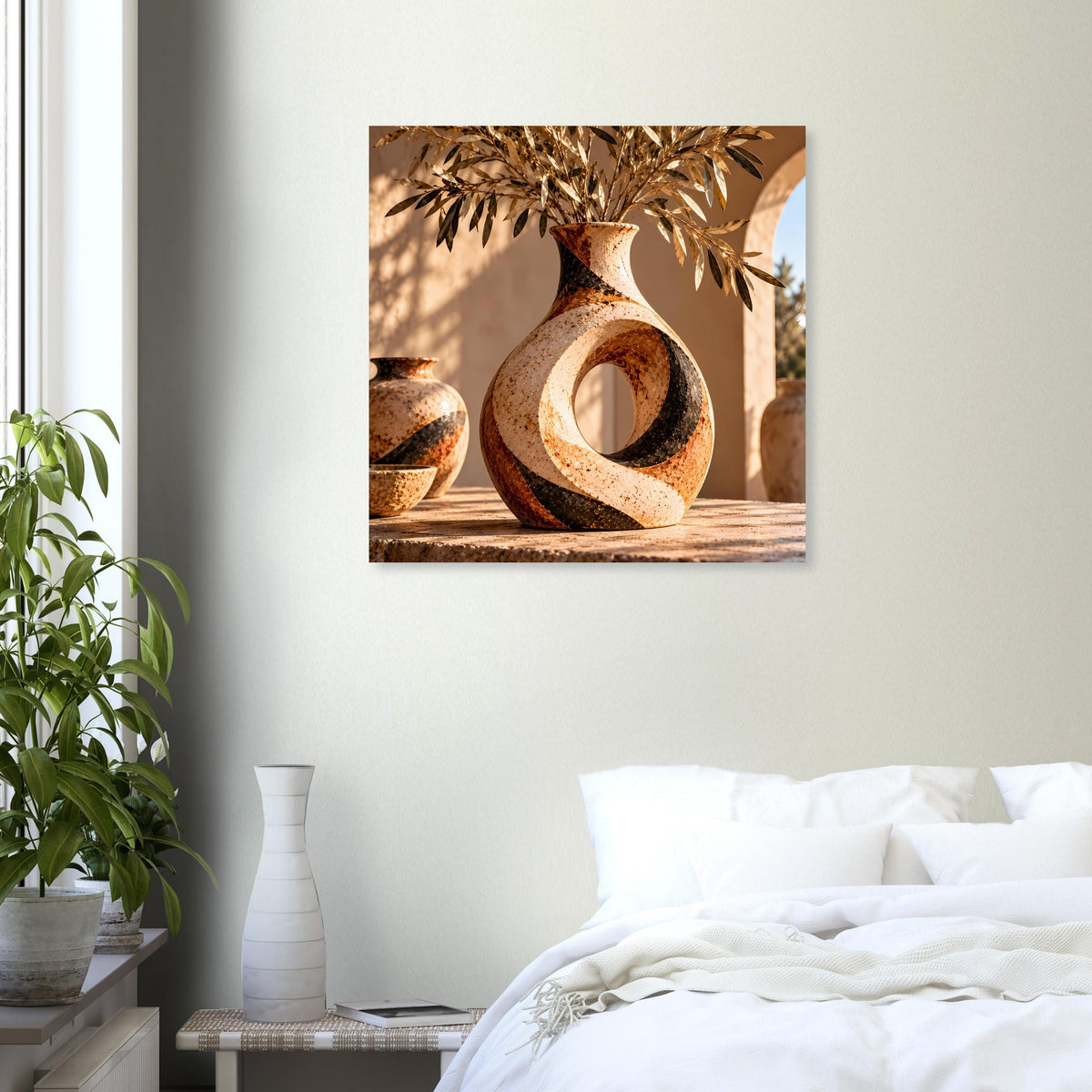 Quadratisches Poster-Motiv: beige-braune Keramikvase mit rundem Ausschnitt und Blättern
