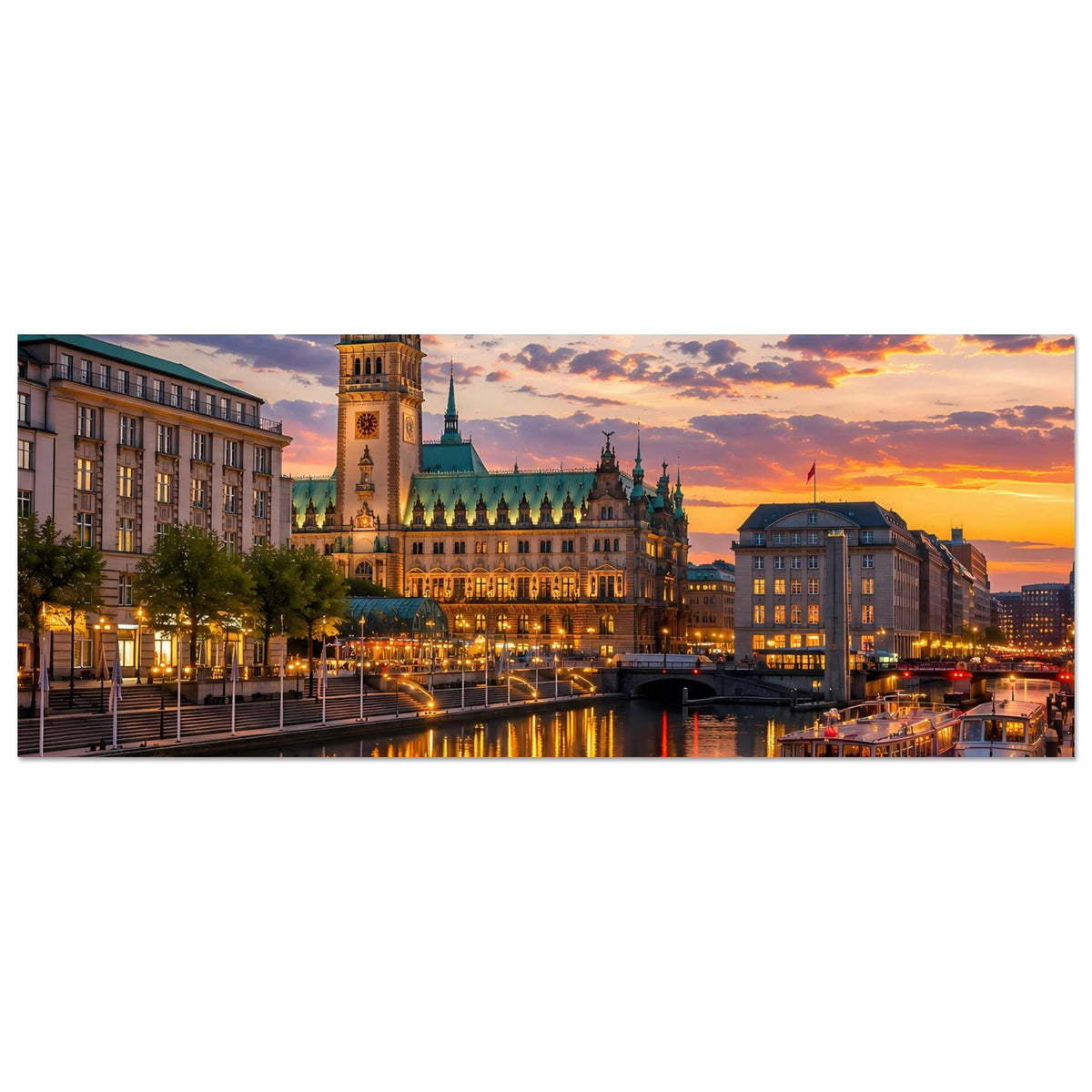 Stadtlandschafts-Poster im Querformat mit Dom, Fluss und warmem Abendhimmel