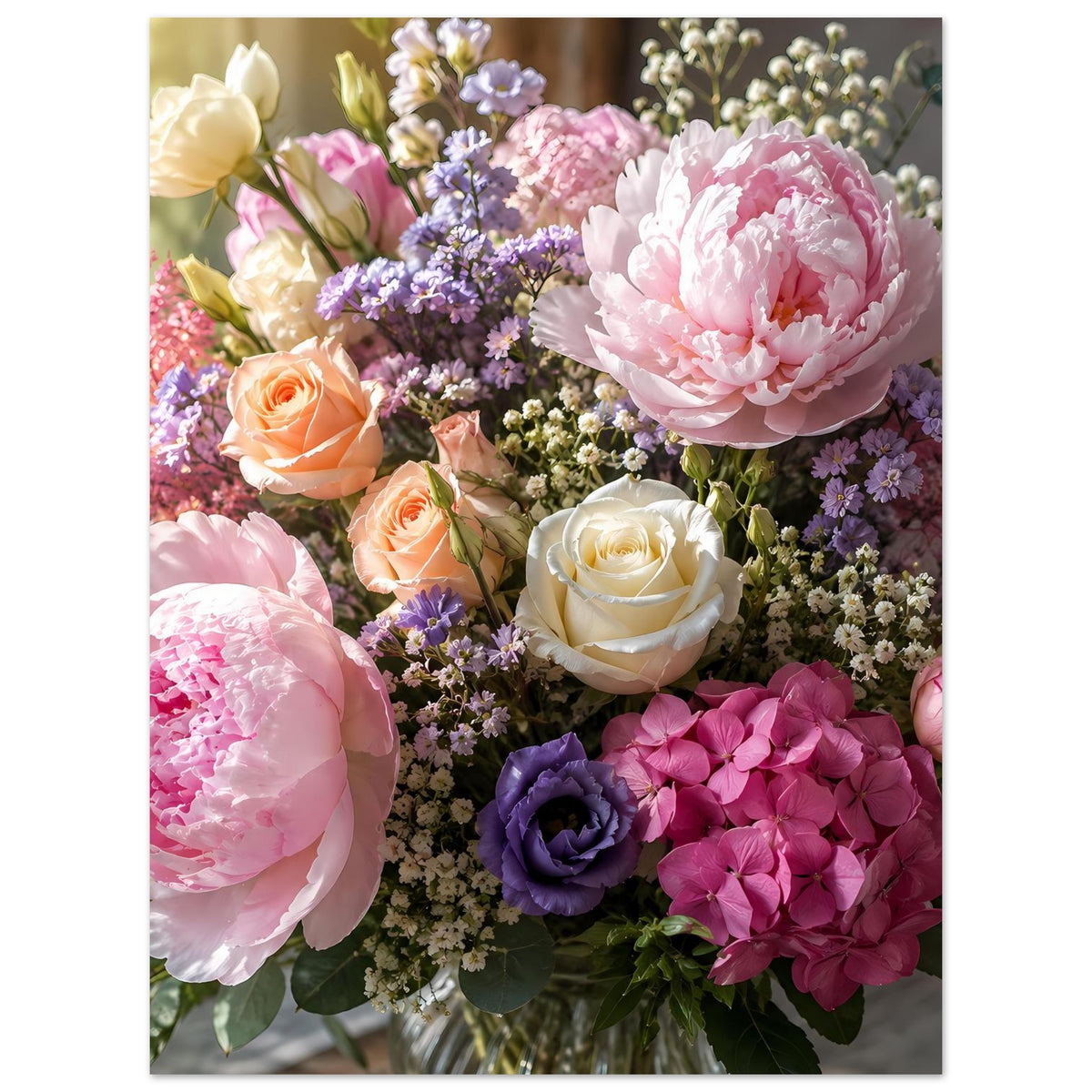Blumenstrauß-Poster mit pastellfarbenen Rosen, Pfingstrosen und lila Blüten