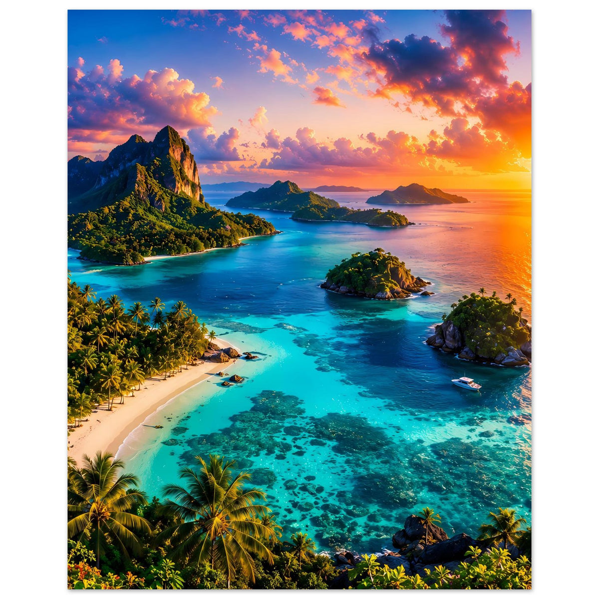 Vertikales Poster mit tropischem Küstenpanorama: türkisblaues Wasser, Inseln und Sonnenuntergang