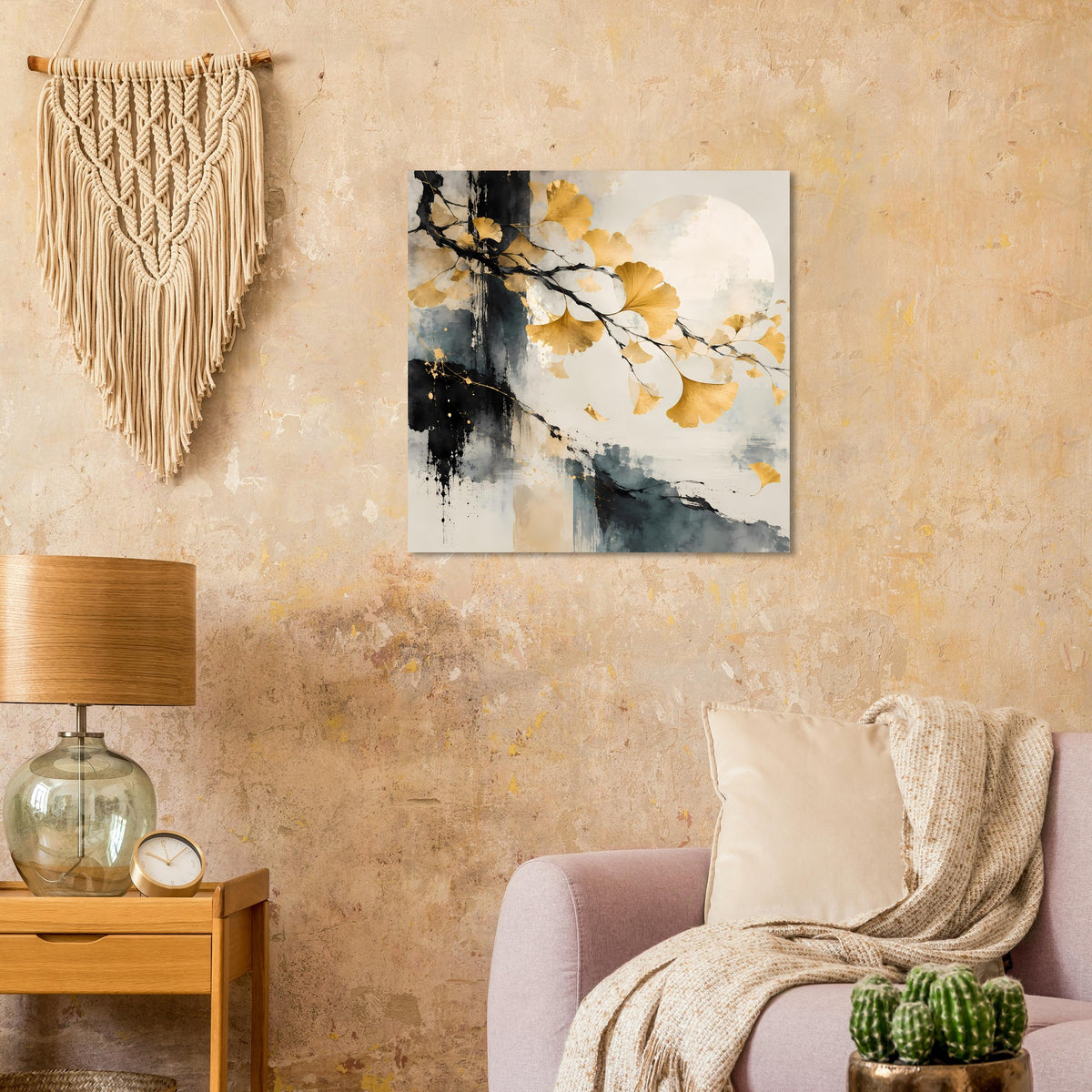 Kunst-Poster mit goldenem Gingkoblatt, hellem Kreis und Aquarellverlauf in Blau-Grau