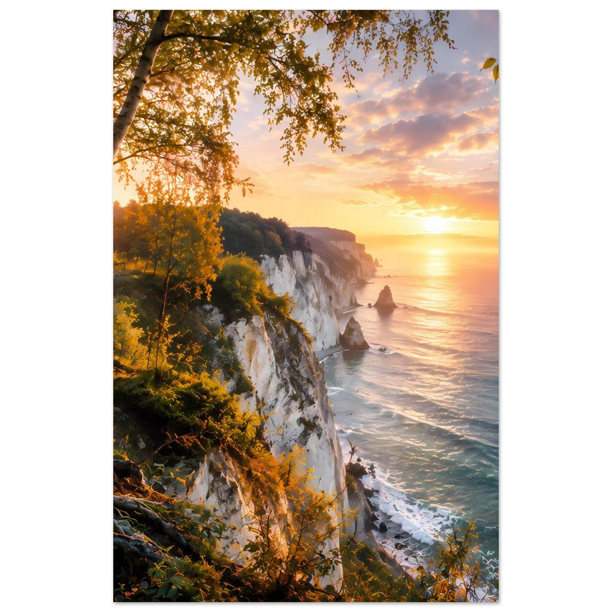 Küsten-Landschaftsposter im Hochformat mit Sonnenuntergang, Küstenklippe, Meer und Bäumen.